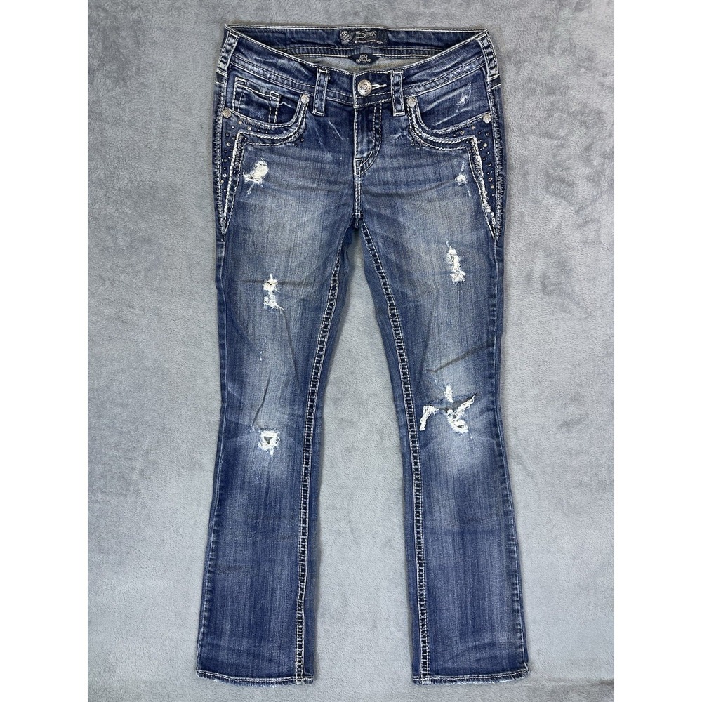 Silver Jeans Womens 26 Blue Dark Wash Faded Denim Aiko‎ Bootcut Low Rise Studded